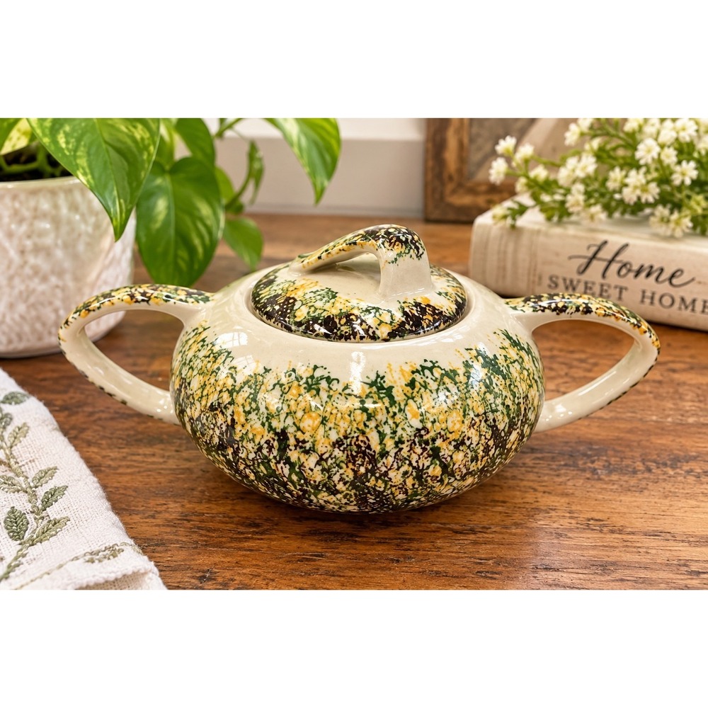 Vernonware Vintage Sugar Bowl w Lid Green Yellow Brown Splatter MCM Pottery